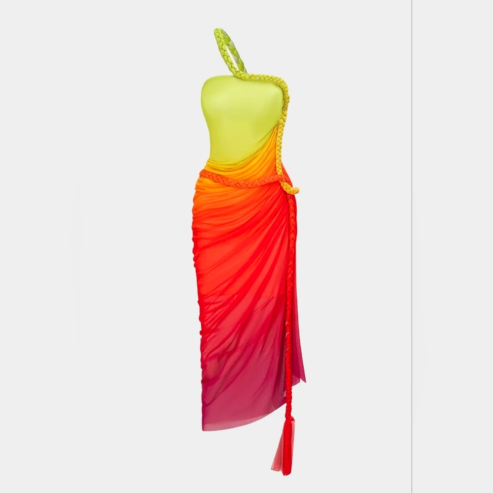 NWT Micas Ombre Print Mesh Braided Slit Sleeveless Midi Dress, Large